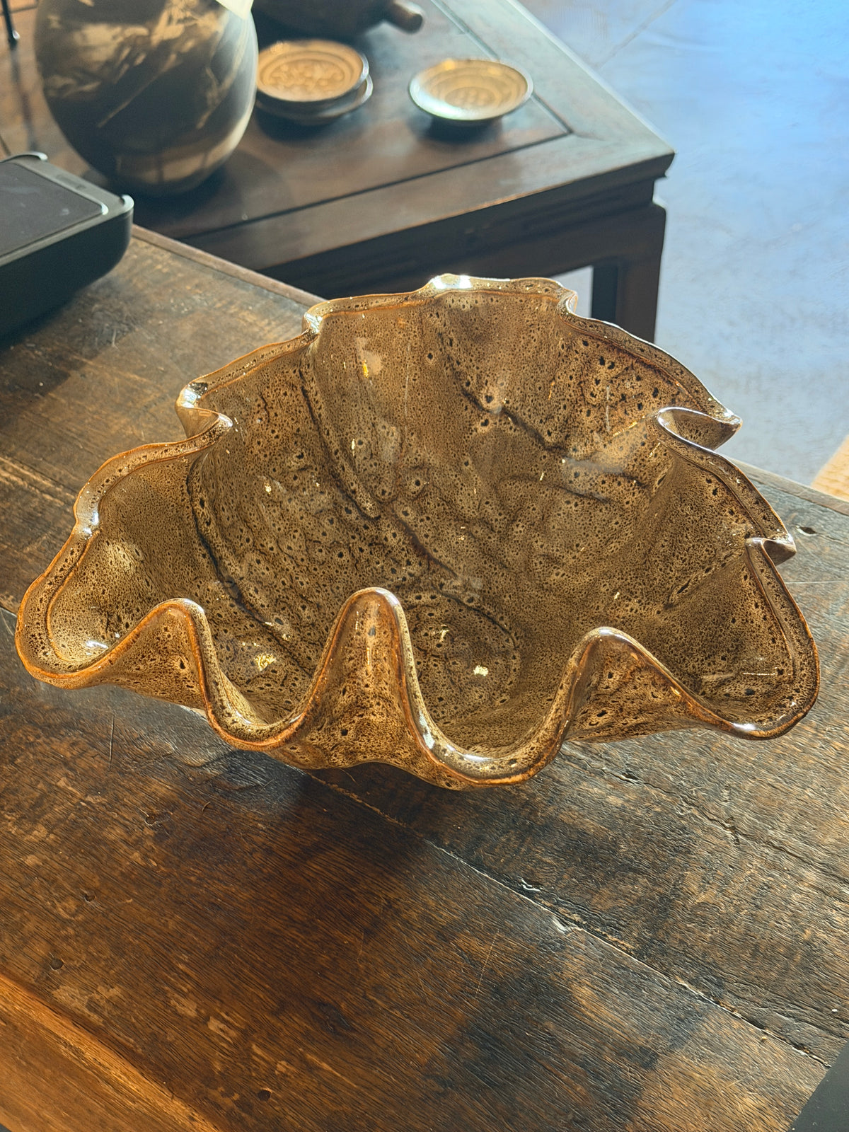 Vintage Amber Ceramic Ruffled Bowl