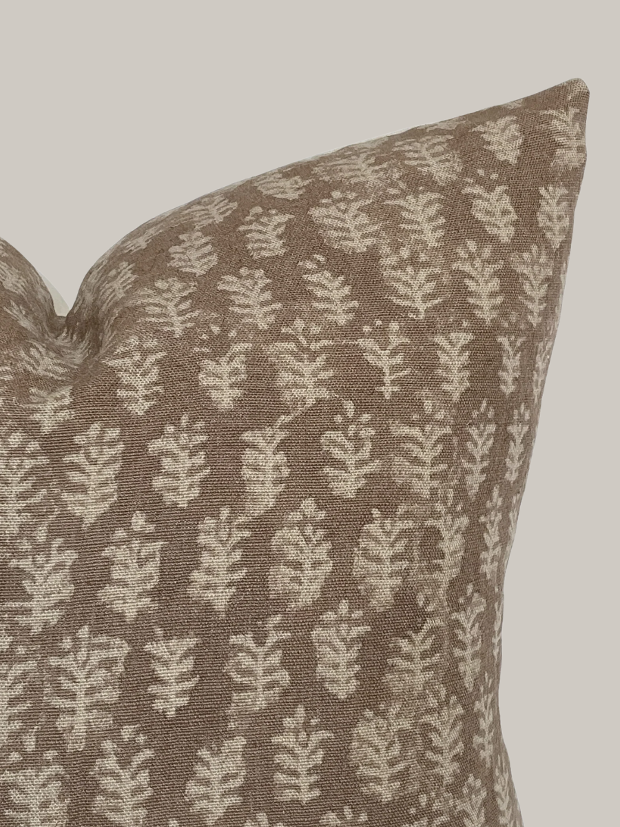 Warm Brown Floral Handblock Pillow - Andie