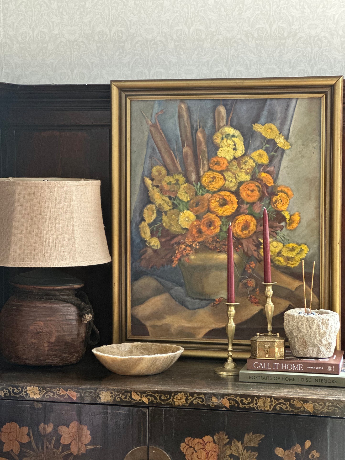Floral Still Life Painting in Gold Frame