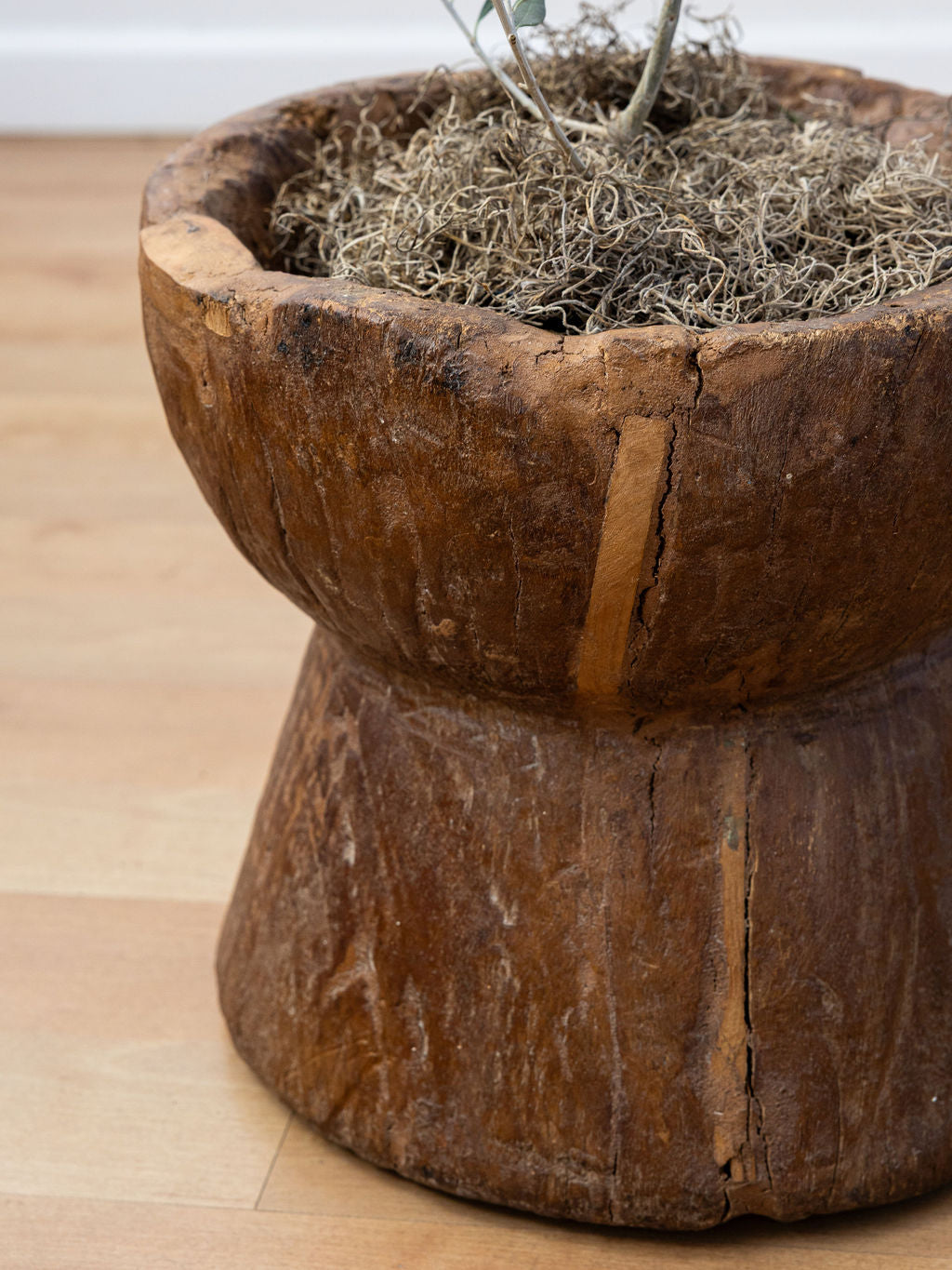 Hand-Carved Wooden Mortar Planter