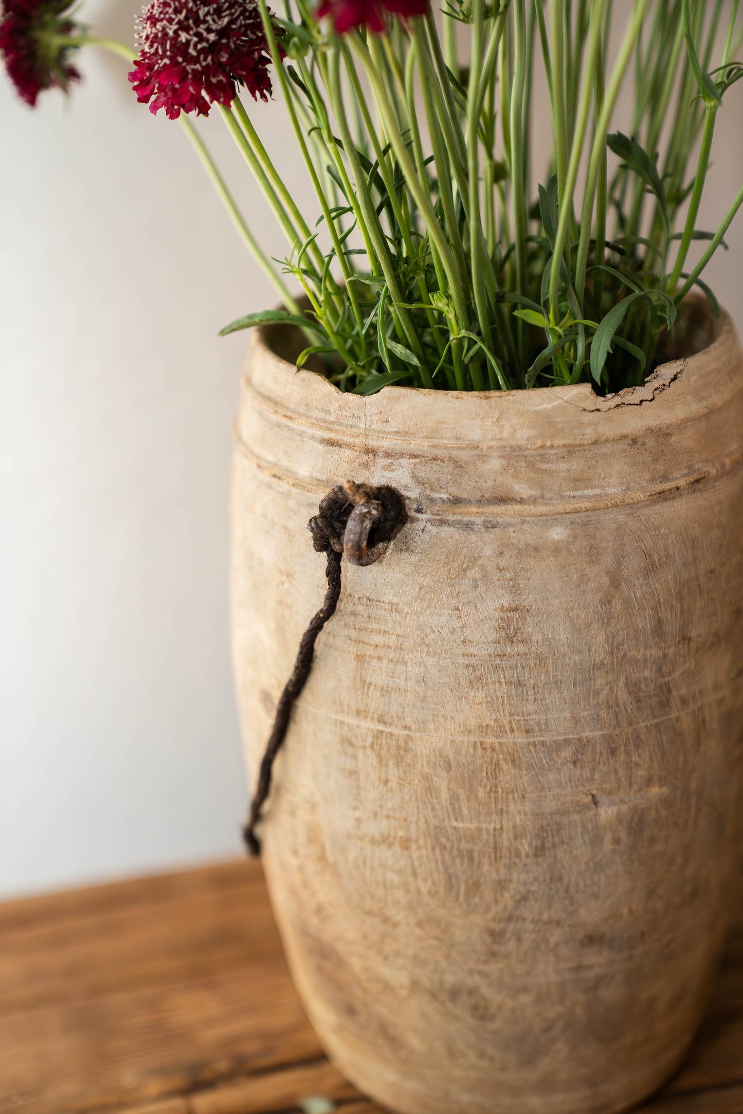 Wood pot with rope handle