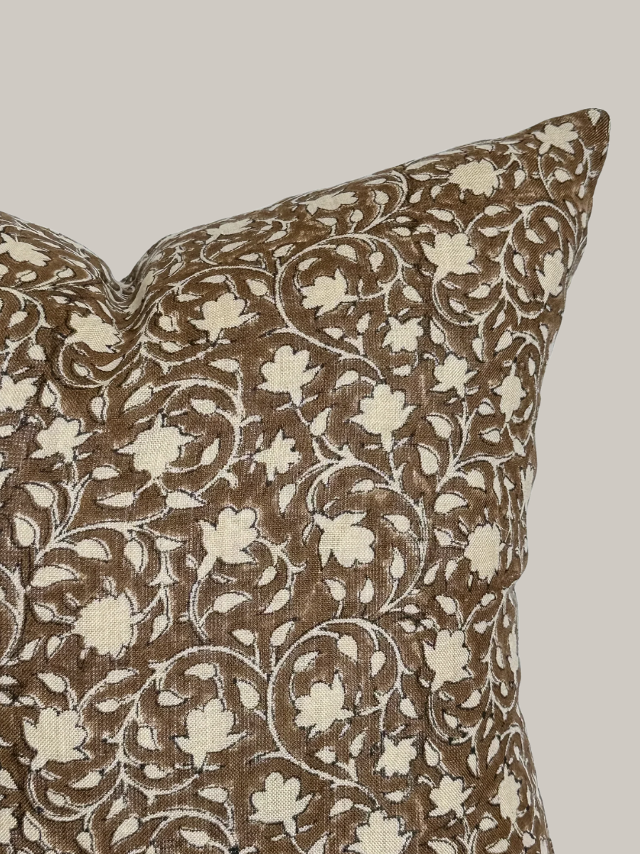 Deep Brown Floral Handblock Pillow - Murphy