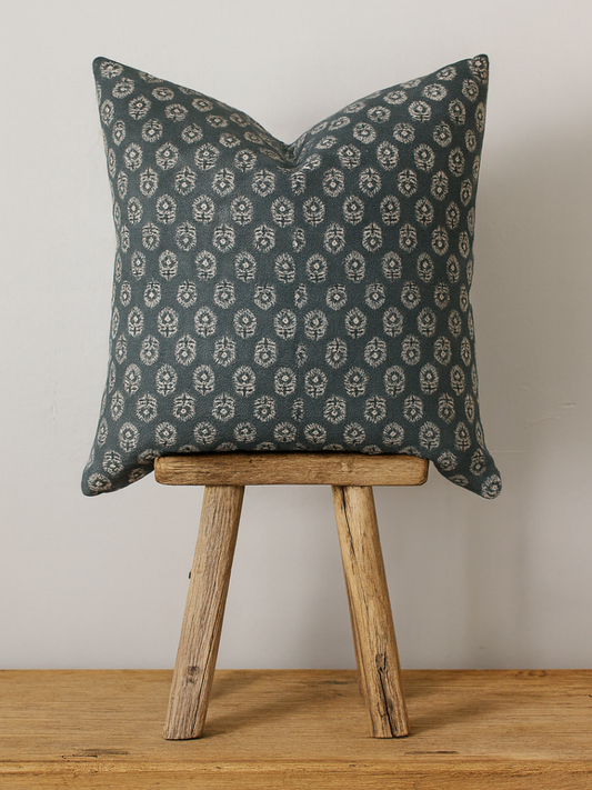 Navy Blue Floral Handblock Pillow - Bailey