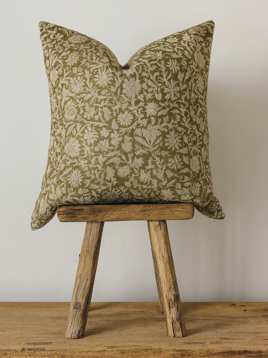 Dark Olive Floral Handblock Pillow- Sienna