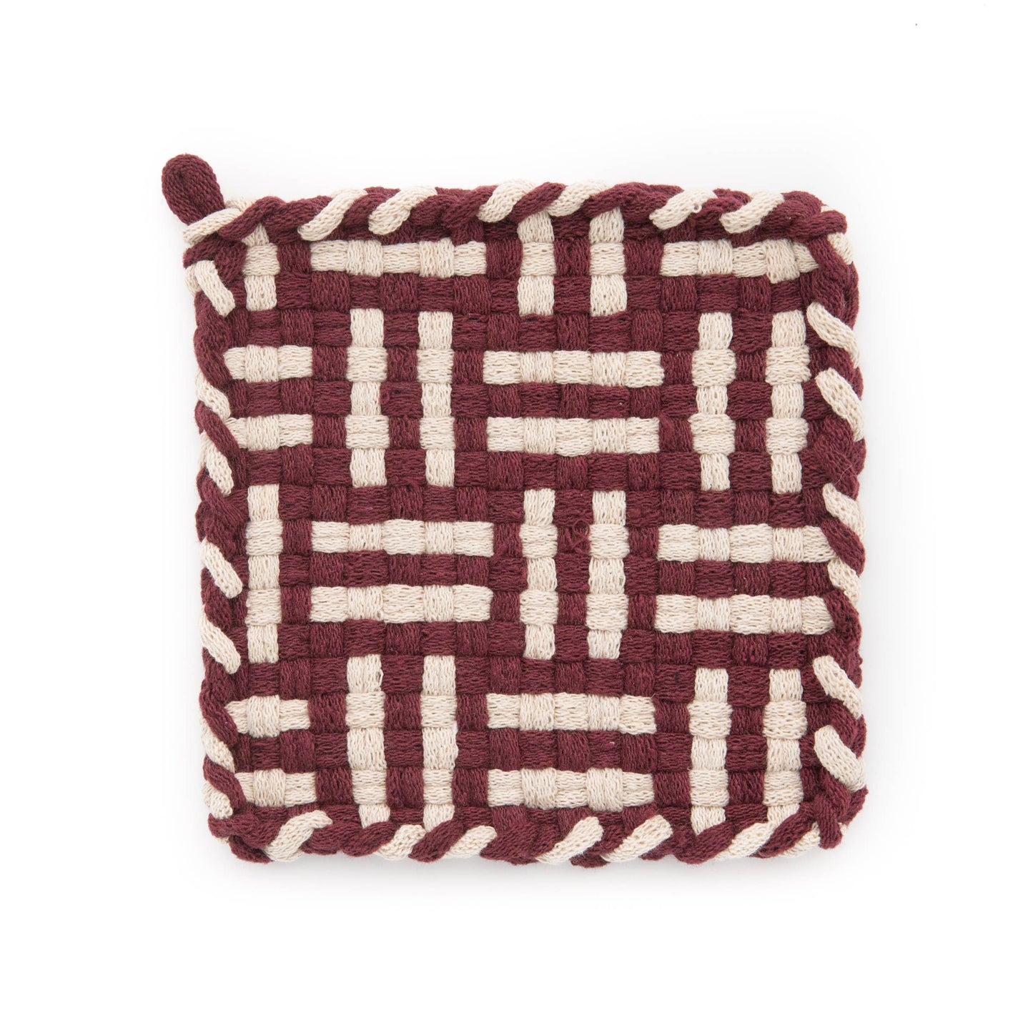 Woven Pot Holder-  Burgundy and Flax