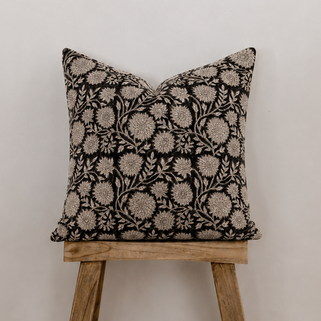 Rowan Hand Block Print Linen Floral Pillow