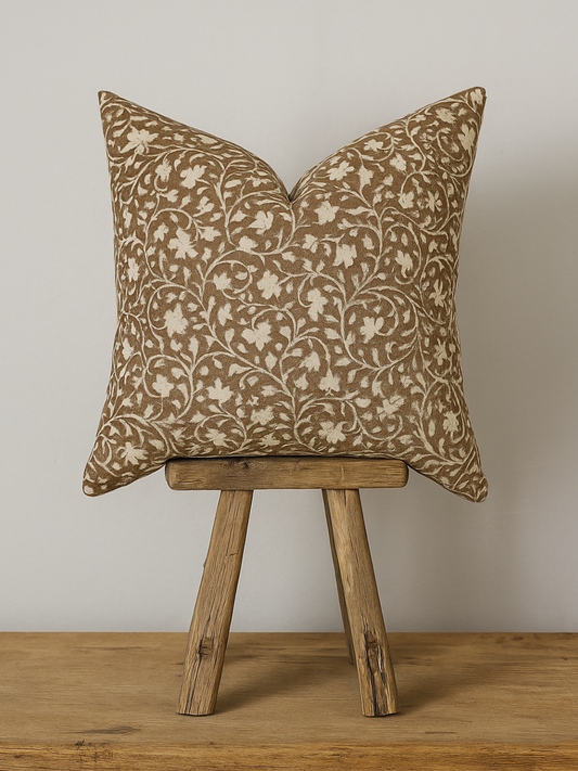 Deep Brown Floral Handblock Pillow - Murphy