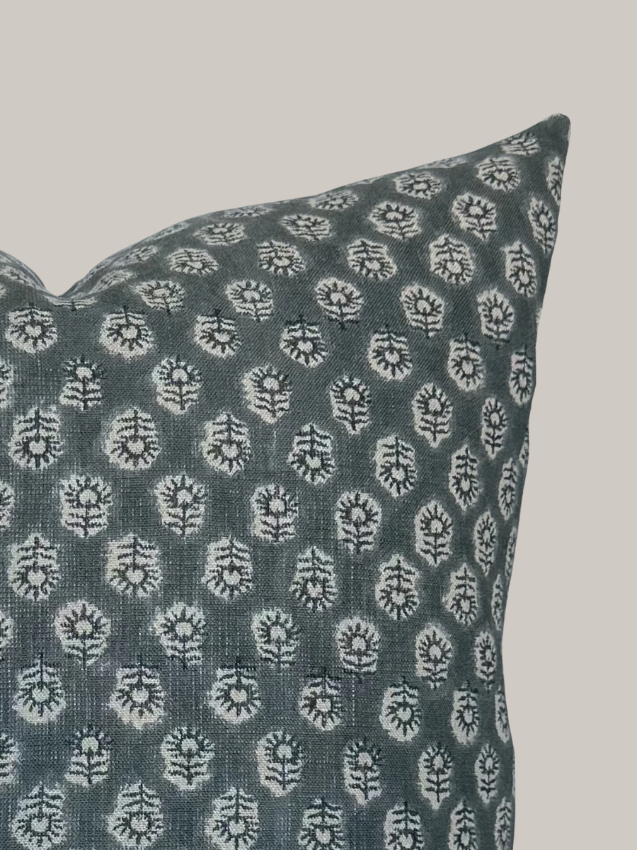 Navy Blue Floral Handblock Pillow - Bailey