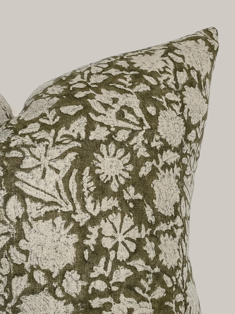 Dark Olive Floral Handblock Pillow- Sienna
