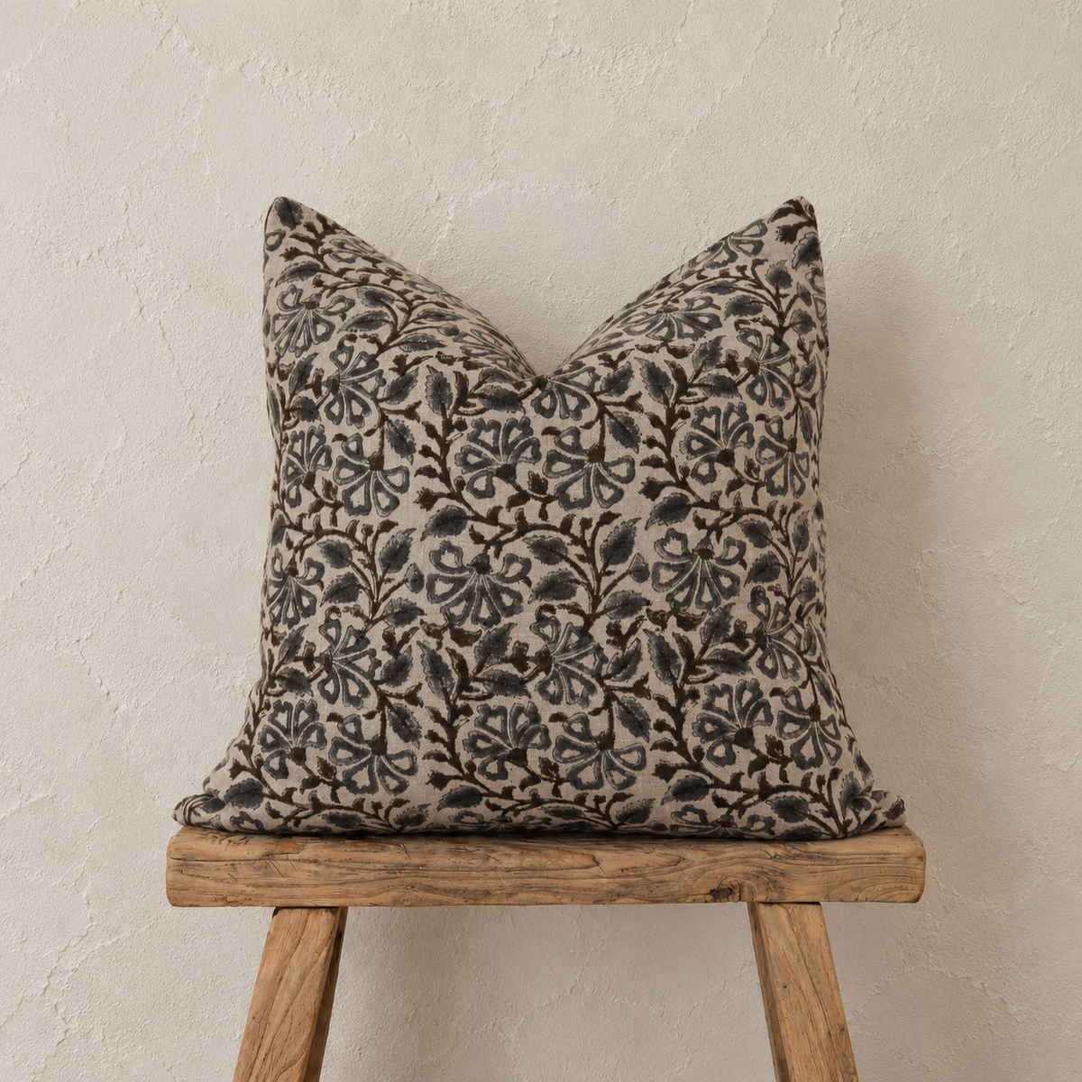 Essie Hand Block Print Linen Floral Pillow