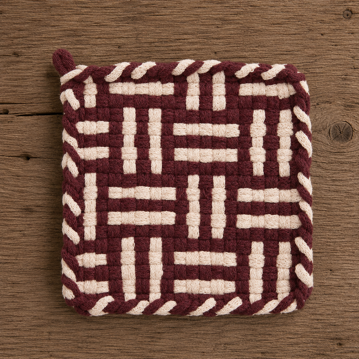 Woven Pot Holder-  Burgundy and Flax