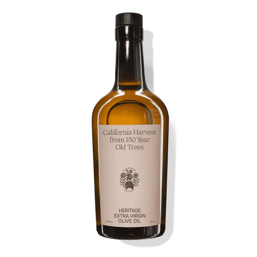 Bottle of California Harvest extra virgin olive oil on a white background