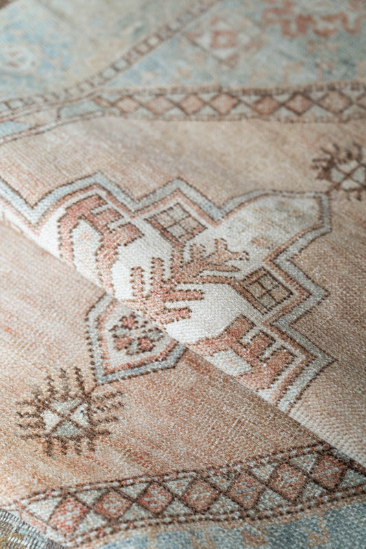 Close-up of a patterned rug with a central medallion design in beige, cream, dusty pink, and muted blue-gray tones.